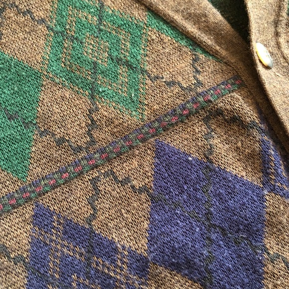 Italian Brown Argyle Wool Blend V-Neck Cardigan Grandpa Menswear Sweater - Picture 5 of 16